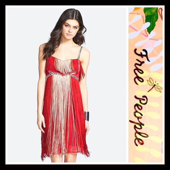 FREE PEOPLE RED FRINGE BOHO COCKTAIL PARTY DRESS - Picture 6 of 8
